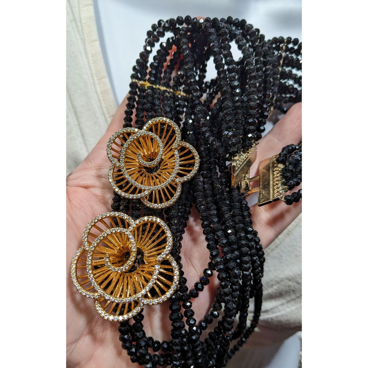 Vintage Glam Layered Black Glass Necklace With Gold Tone Flower Accents