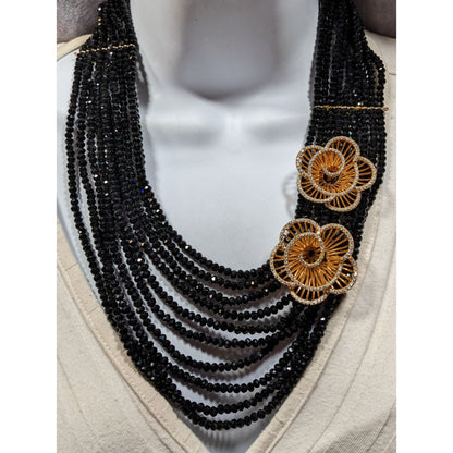 Vintage Glam Layered Black Glass Necklace With Gold Tone Flower Accents