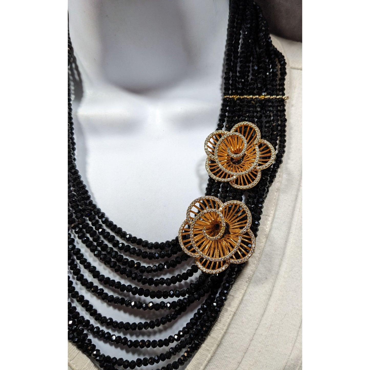 Vintage Glam Layered Black Glass Necklace With Gold Tone Flower Accents