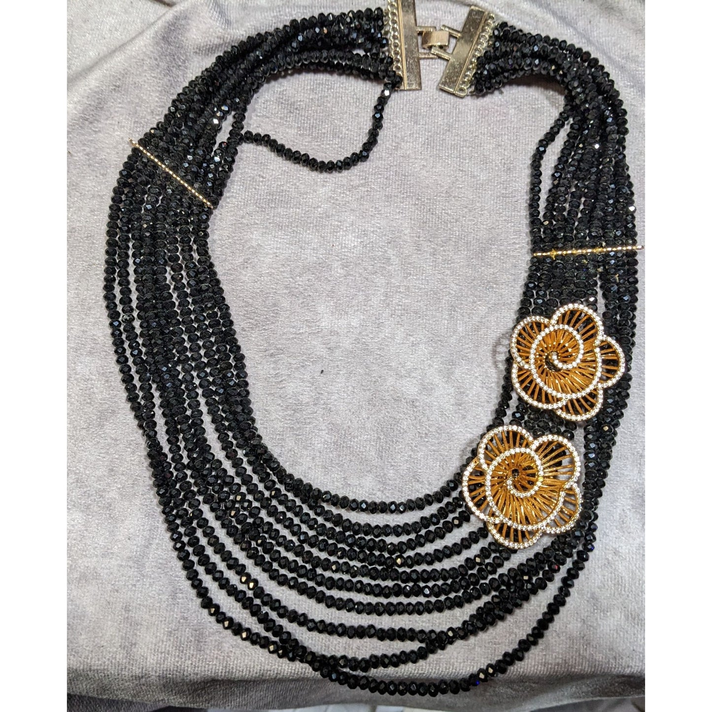 Vintage Glam Layered Black Glass Necklace With Gold Tone Flower Accents