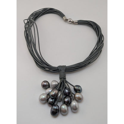 Modernist Boho Gray Freshwater Pearl Cluster Multi Strand Necklace 15 Inch