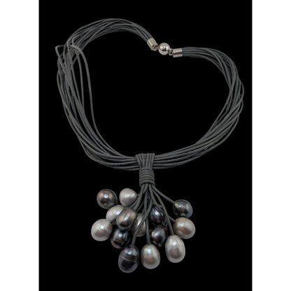 Modernist Boho Gray Freshwater Pearl Cluster Multi Strand Necklace 15 Inch