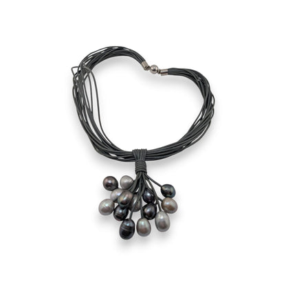 Modernist Boho Gray Freshwater Pearl Cluster Multi Strand Necklace 15 Inch