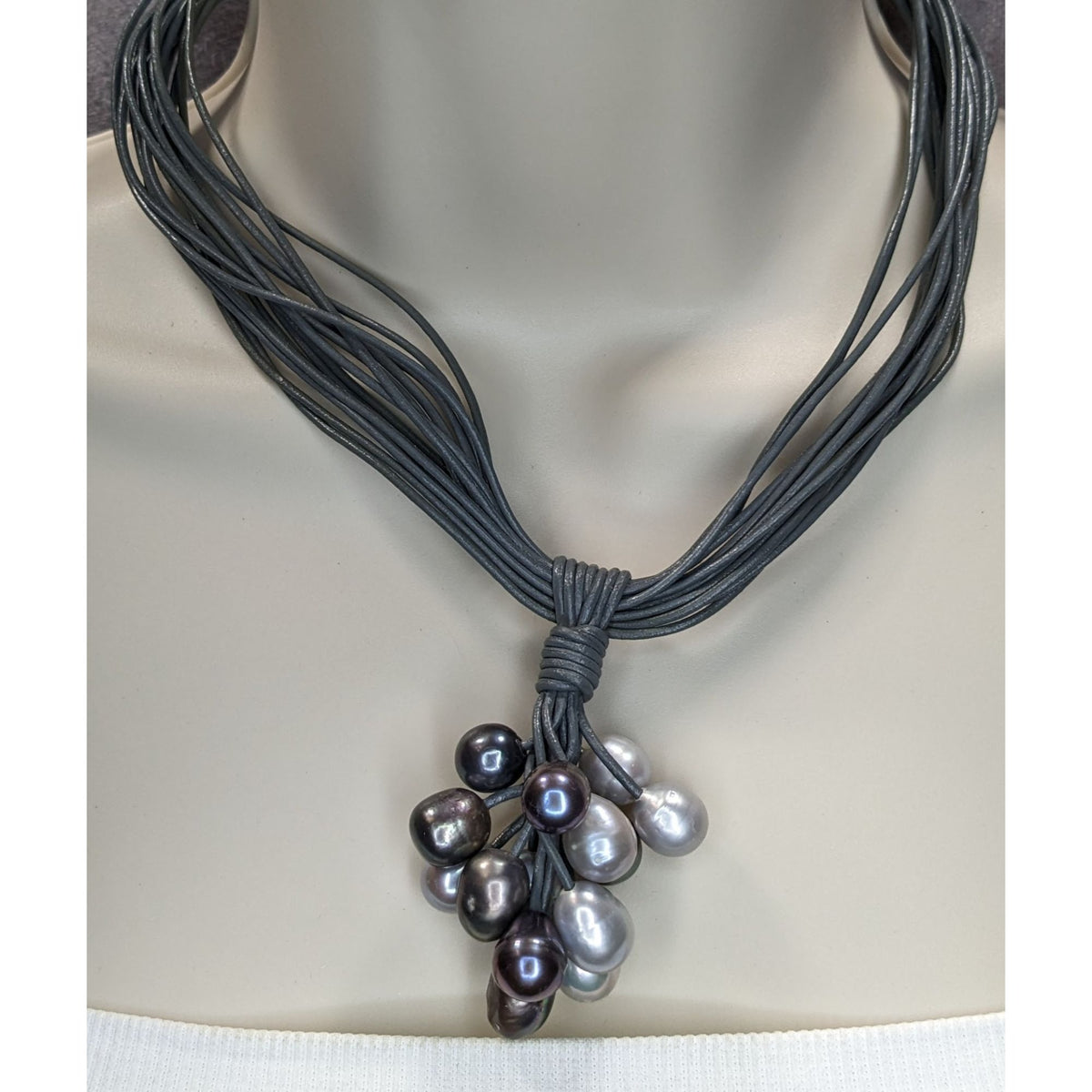 Modernist Boho Gray Freshwater Pearl Cluster Multi Strand Necklace 15 Inch