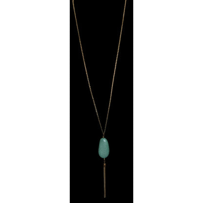 Boho Green Faux Stone Pendant Necklace with Chain Tassel Gold Tone Statement Jewelry