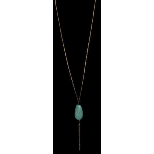 Boho Green Faux Stone Pendant Necklace with Chain Tassel Gold Tone Statement Jewelry