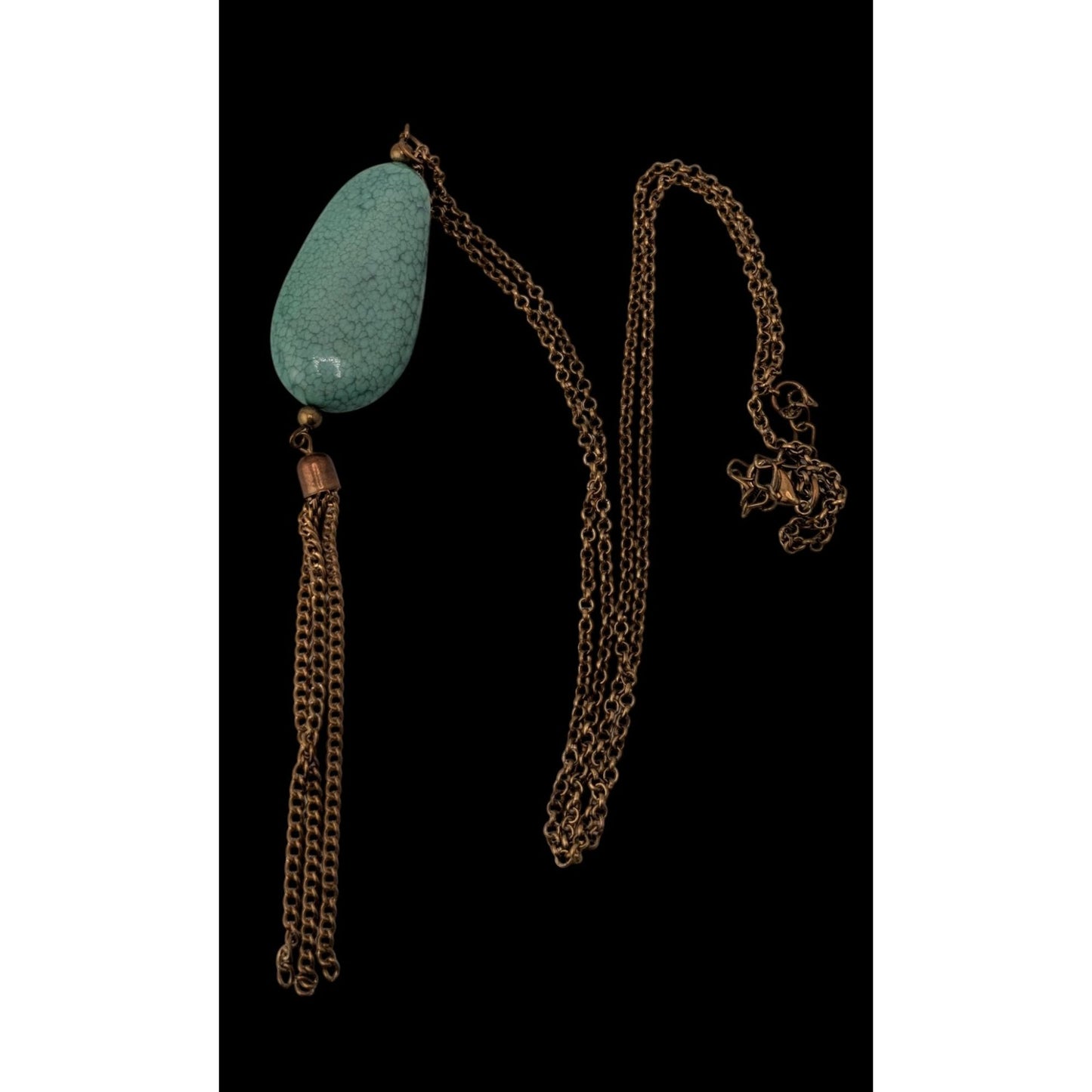 Boho Green Faux Stone Pendant Necklace with Chain Tassel Gold Tone Statement Jewelry