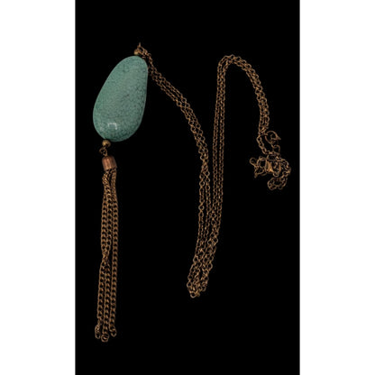 Boho Green Faux Stone Pendant Necklace with Chain Tassel Gold Tone Statement Jewelry