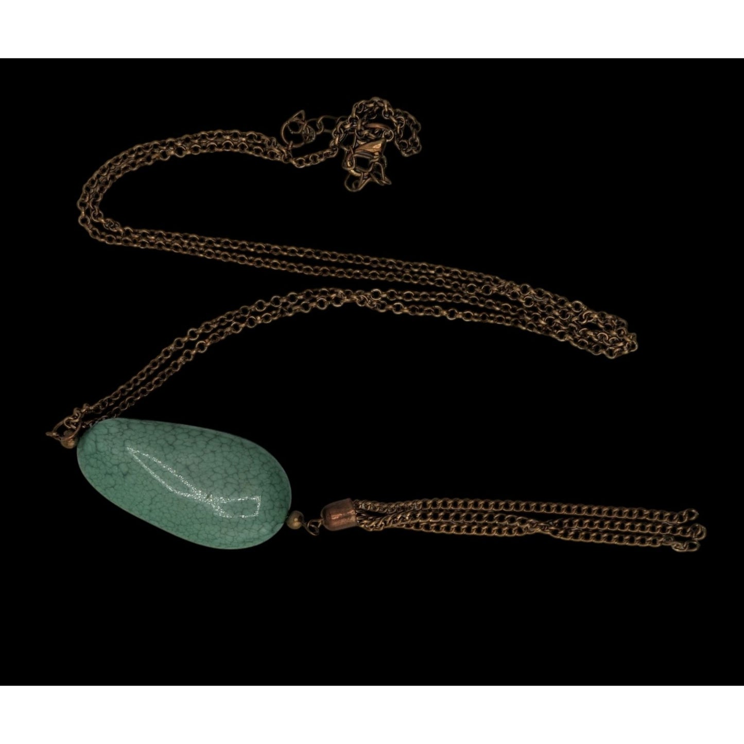 Boho Green Faux Stone Pendant Necklace with Chain Tassel Gold Tone Statement Jewelry