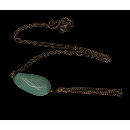 Boho Green Faux Stone Pendant Necklace with Chain Tassel Gold Tone Statement Jewelry
