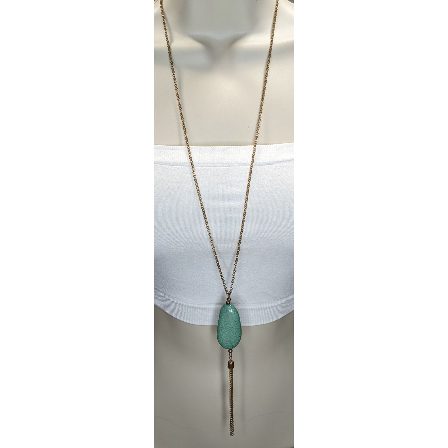 Boho Green Faux Stone Pendant Necklace with Chain Tassel Gold Tone Statement Jewelry