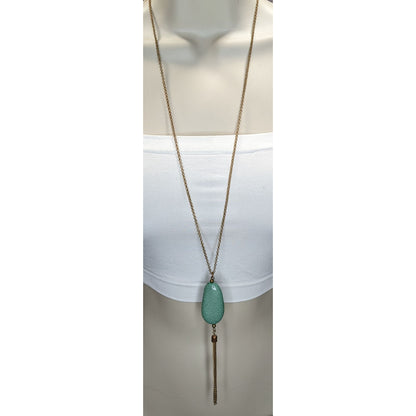 Boho Green Faux Stone Pendant Necklace with Chain Tassel Gold Tone Statement Jewelry
