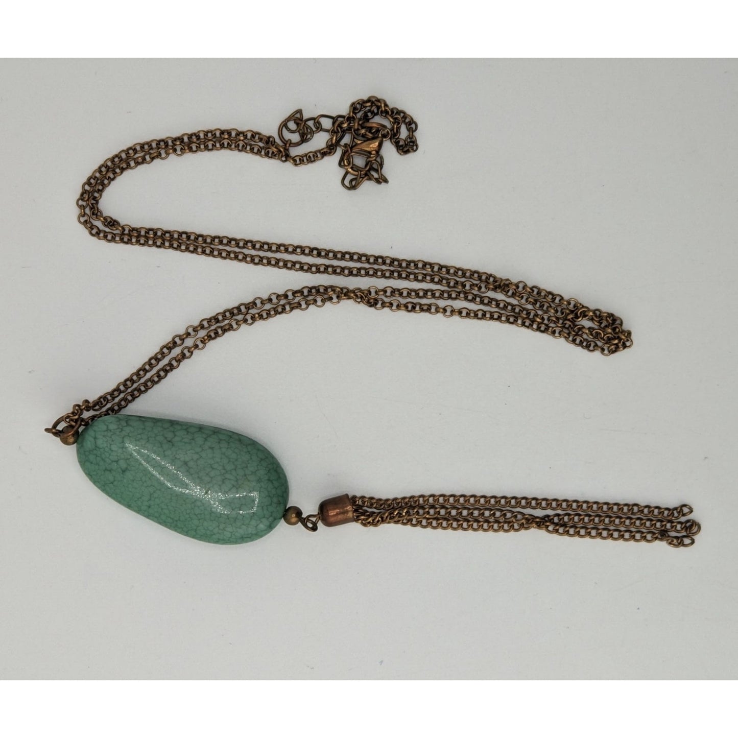 Boho Green Faux Stone Pendant Necklace with Chain Tassel Gold Tone Statement Jewelry