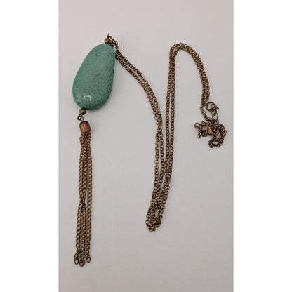 Boho Green Faux Stone Pendant Necklace with Chain Tassel Gold Tone Statement Jewelry