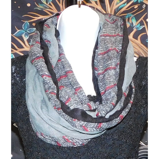 Do Everything In Love Infinity Scarf With Mixed Gray Stripes Red Accents & Black Trim
