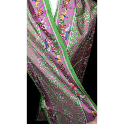 Retro Derby Print Scarf Green And Purple With Celtic Style Knot Accents