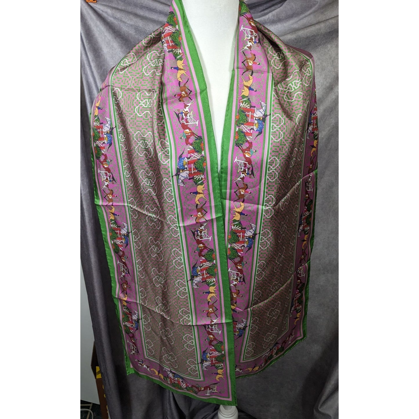 Retro Derby Print Scarf Green And Purple With Celtic Style Knot Accents