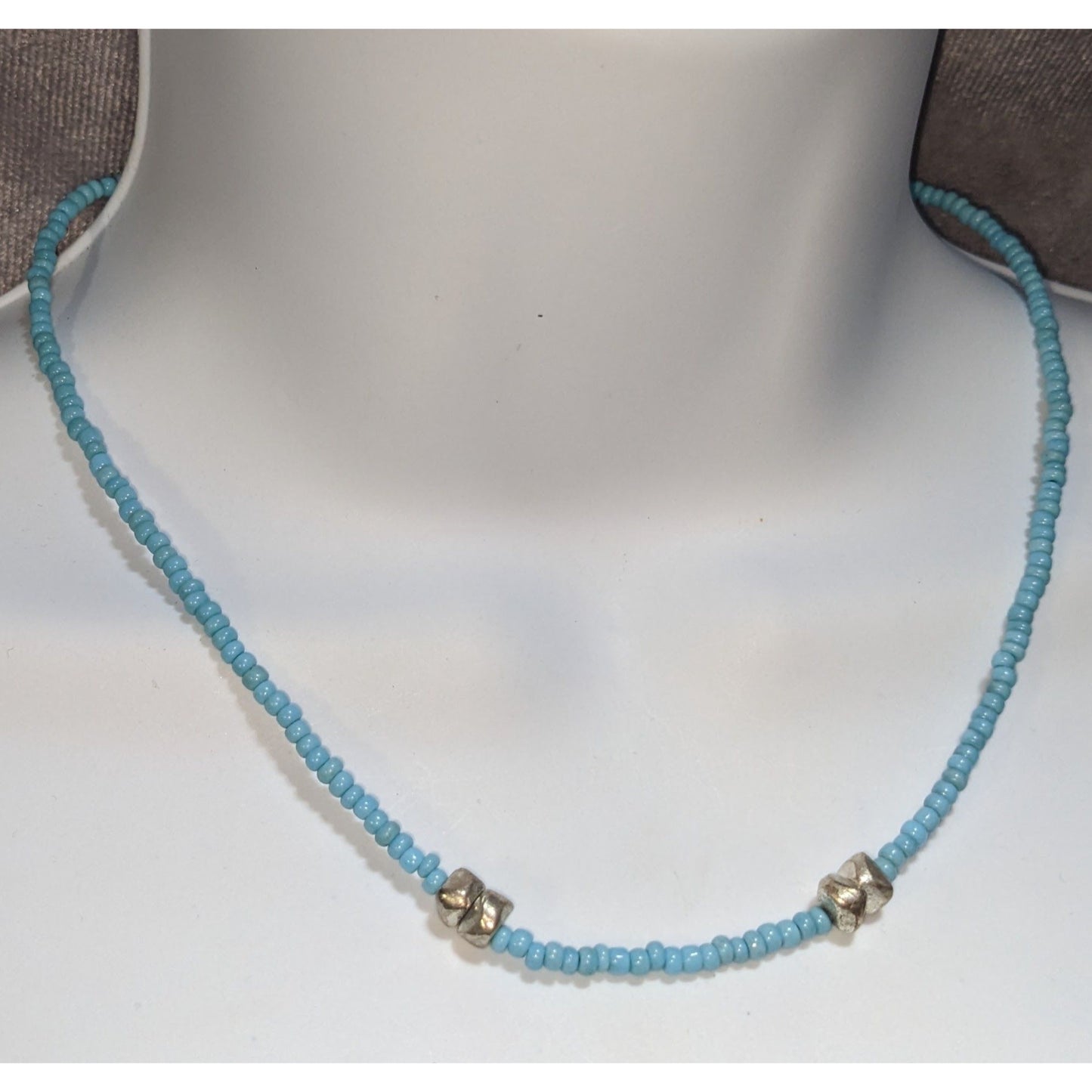 Boho Minimalist Turquoise Blue Seed Bead Silver Accent Choker Necklace