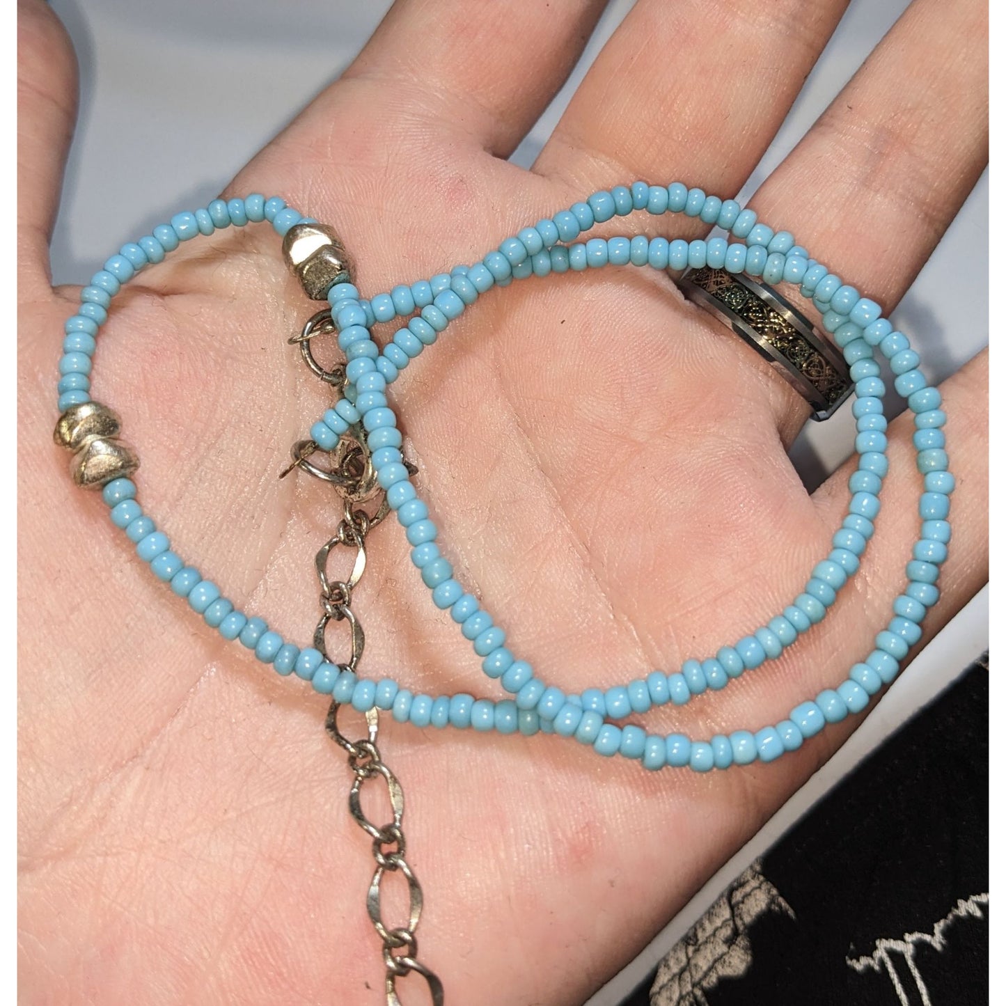 Boho Minimalist Turquoise Blue Seed Bead Silver Accent Choker Necklace