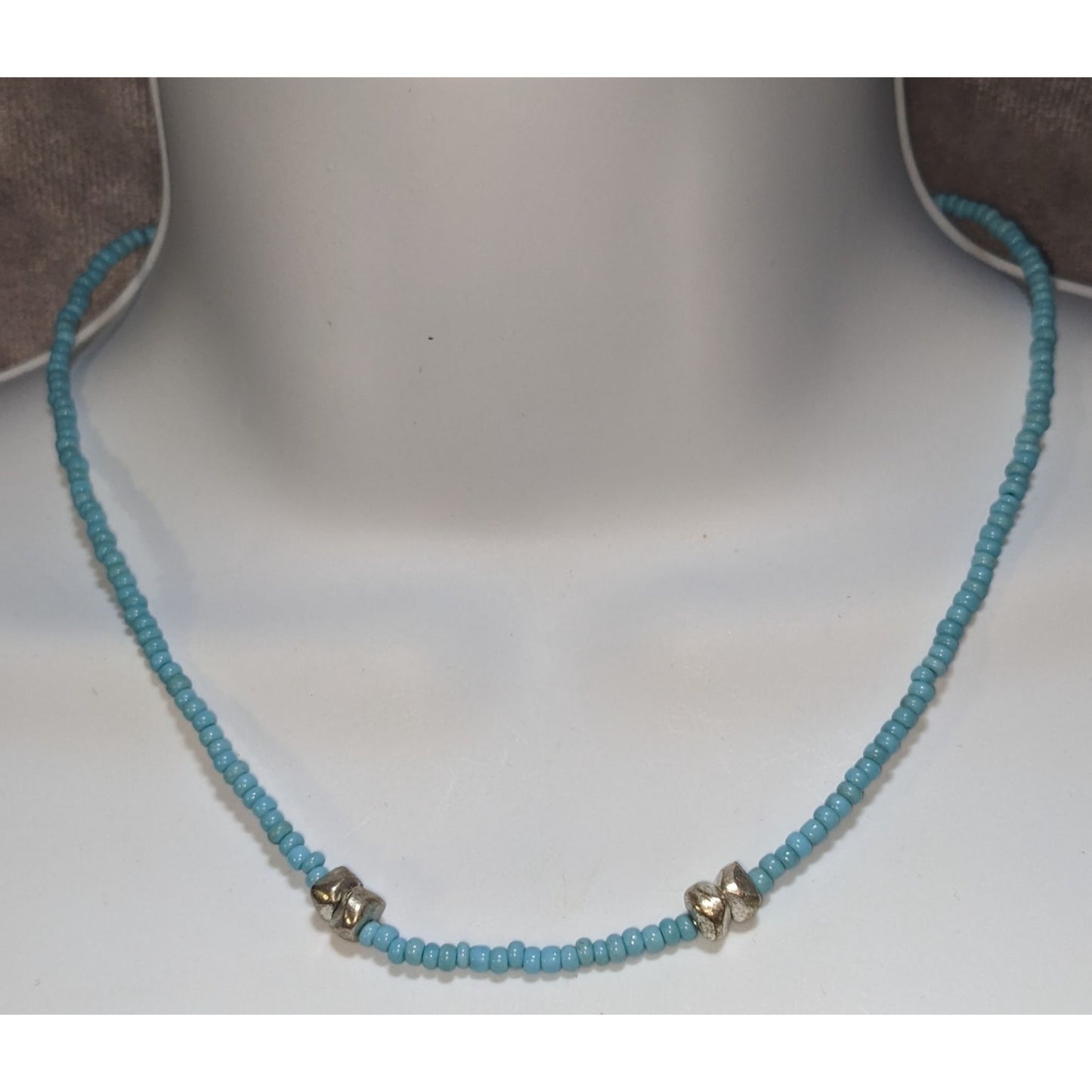 Boho Minimalist Turquoise Blue Seed Bead Silver Accent Choker Necklace