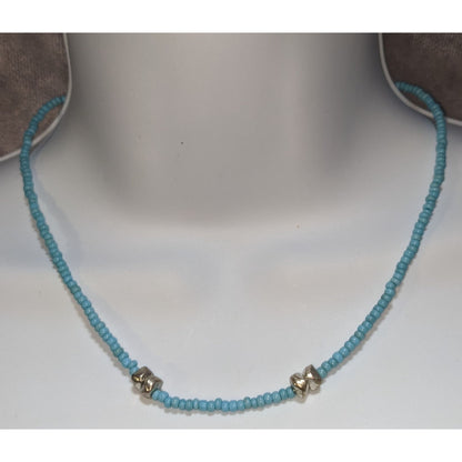 Boho Minimalist Turquoise Blue Seed Bead Silver Accent Choker Necklace
