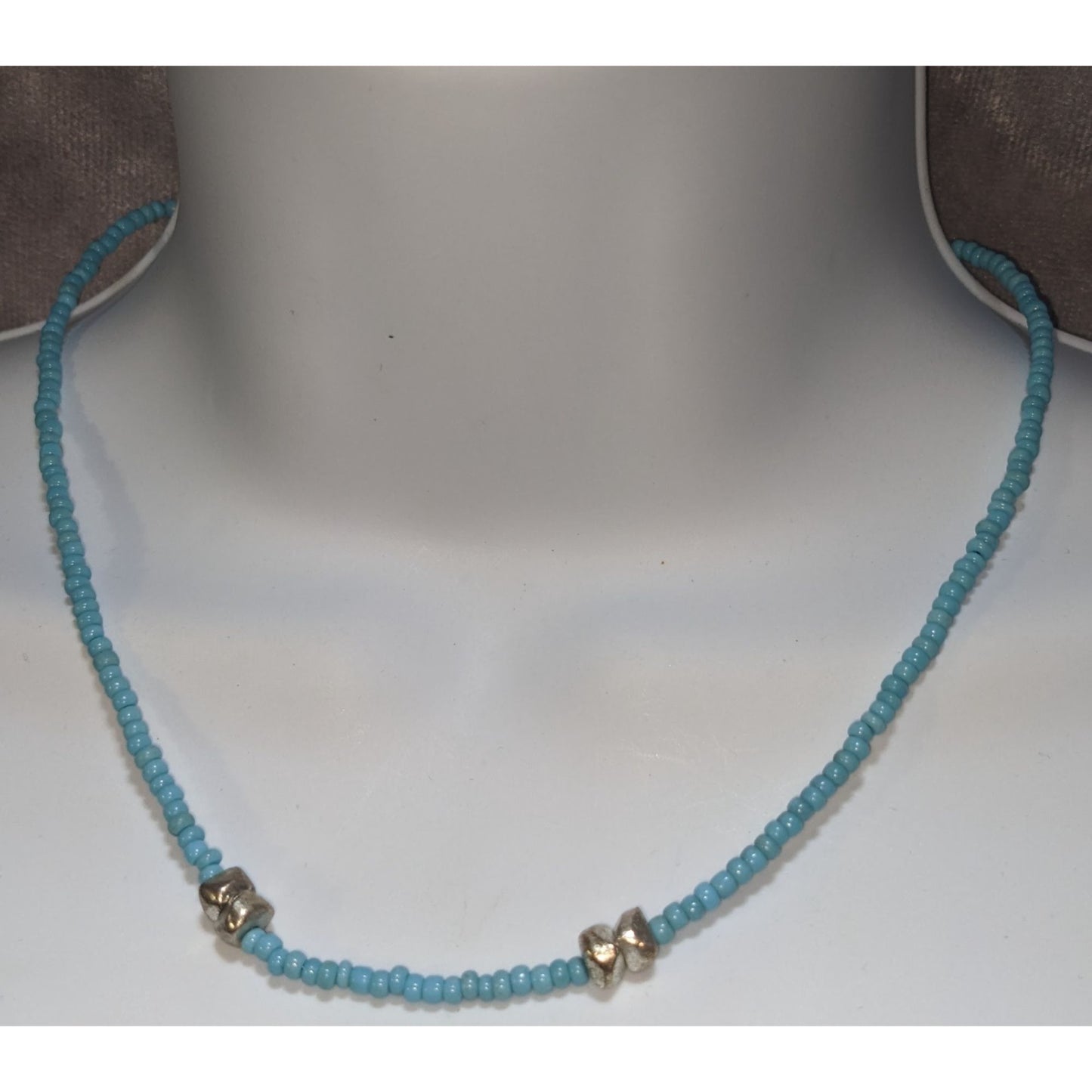 Boho Minimalist Turquoise Blue Seed Bead Silver Accent Choker Necklace