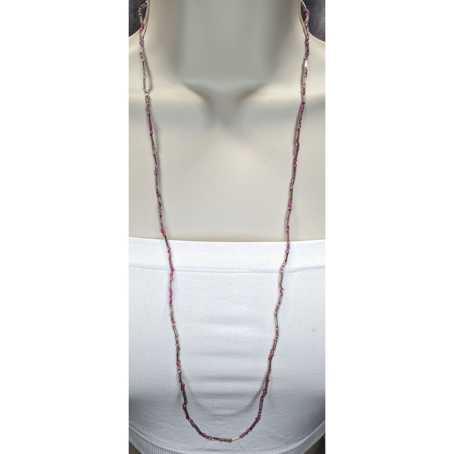Casual Glass Pink & Silver Beaded Necklace