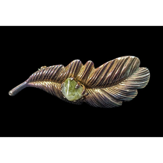 Vintage Fairycore Gold Tone Anodized Feather Brooch With Green Stone