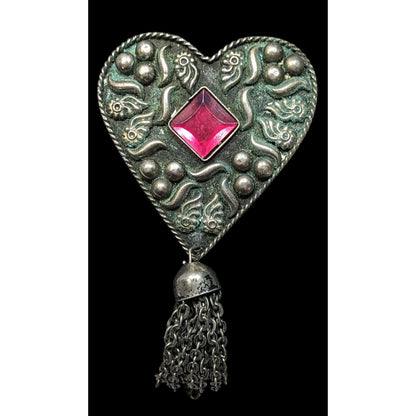 Vintage Fantasy Heart Brooch Silver Tone With Tassel