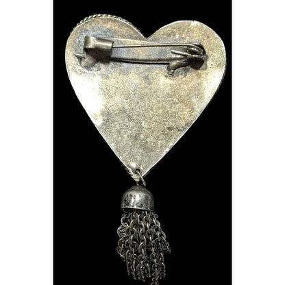 Vintage Fantasy Heart Brooch Silver Tone With Tassel