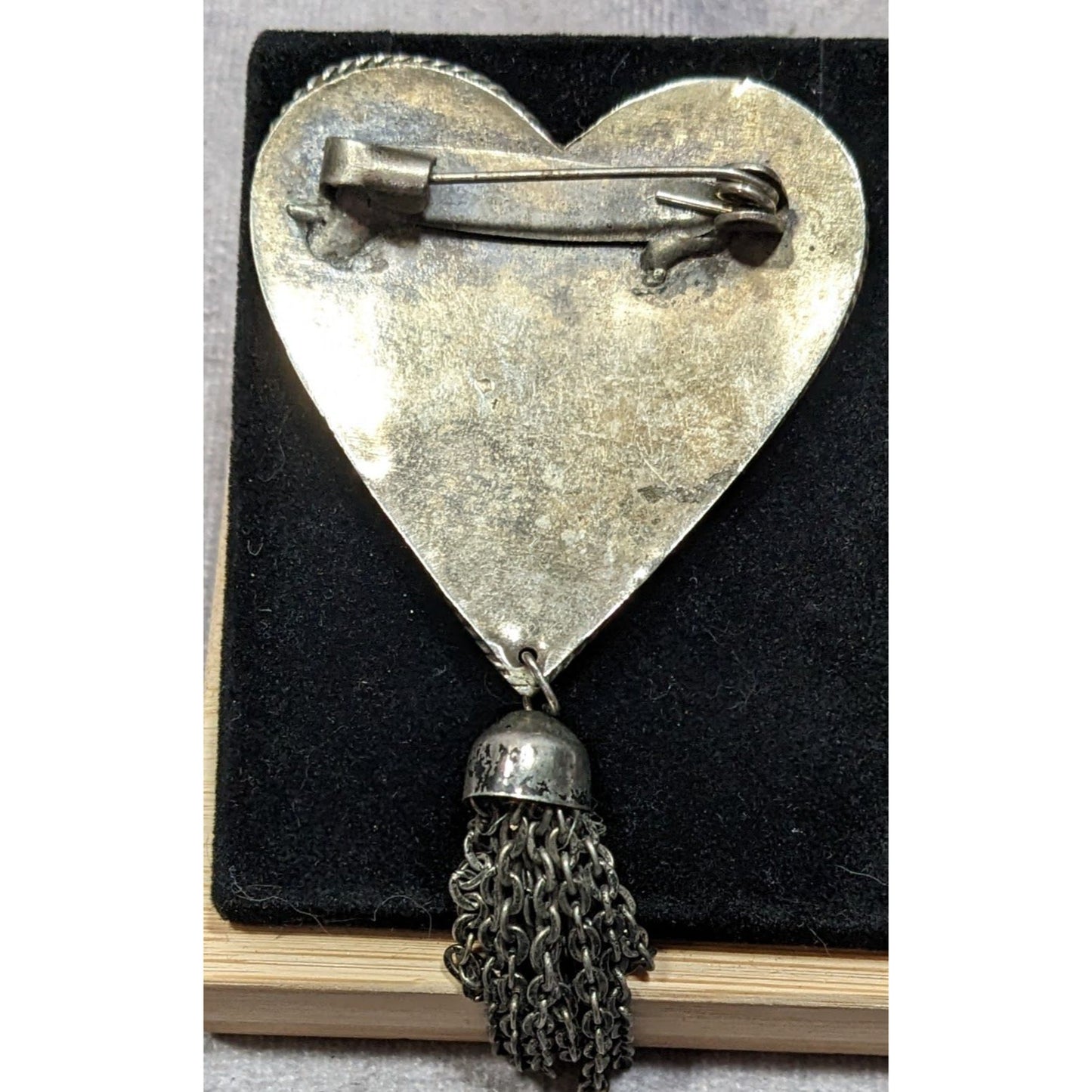 Vintage Fantasy Heart Brooch Silver Tone With Tassel