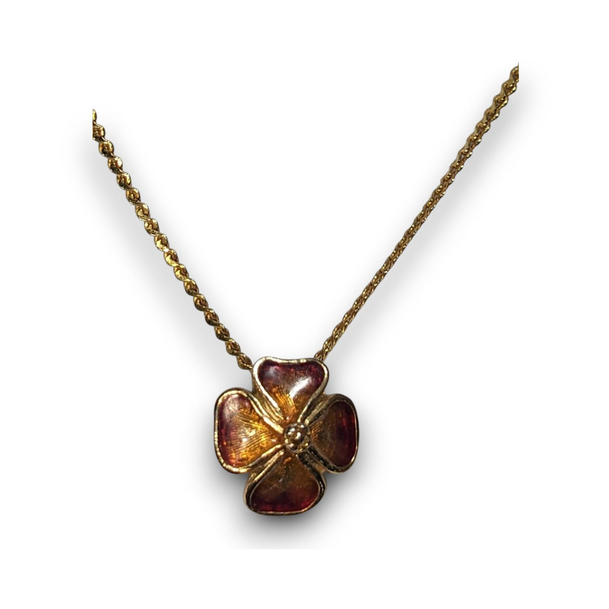 Vintage Romantic Enamel Amber Gold Tone Flower Necklace 16 Inch