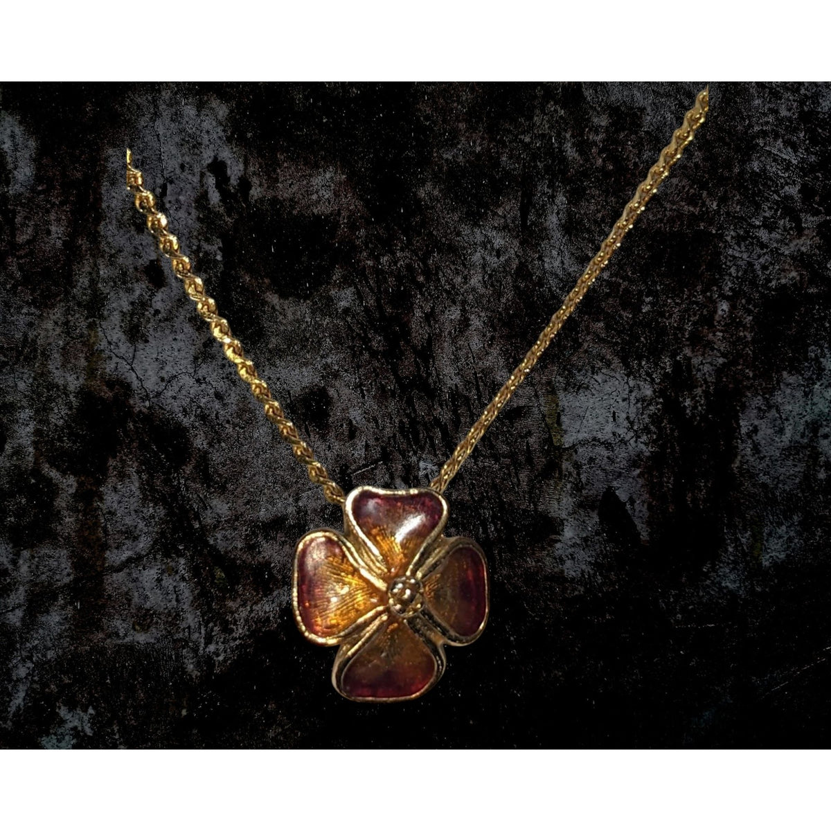 Vintage Romantic Enamel Amber Gold Tone Flower Necklace 16 Inch