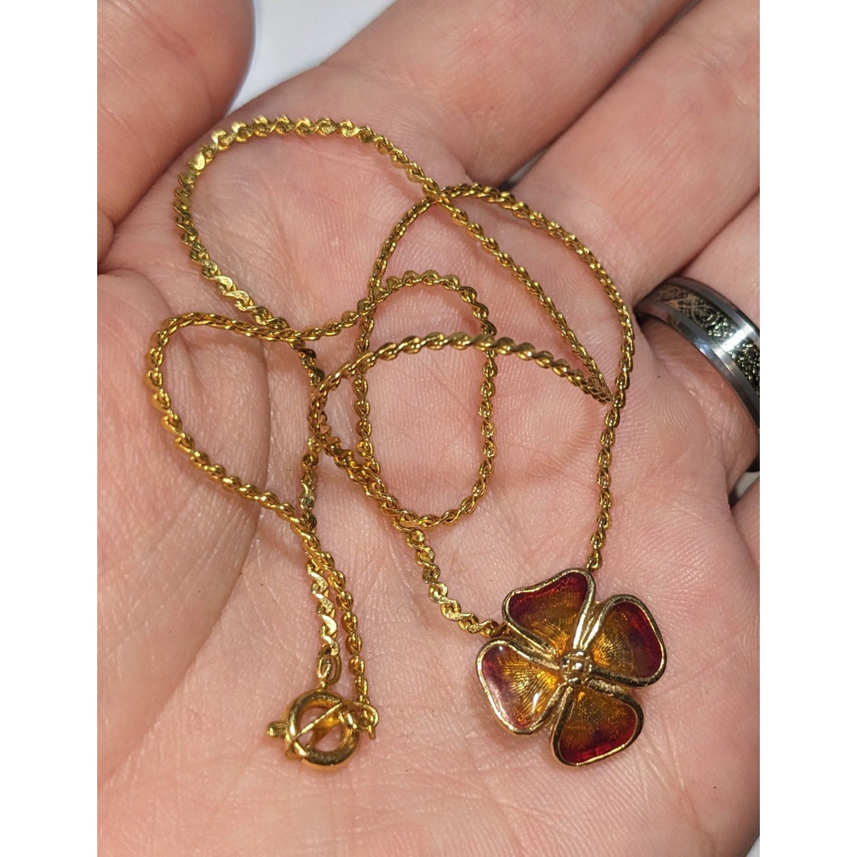 Vintage Romantic Enamel Amber Gold Tone Flower Necklace 16 Inch