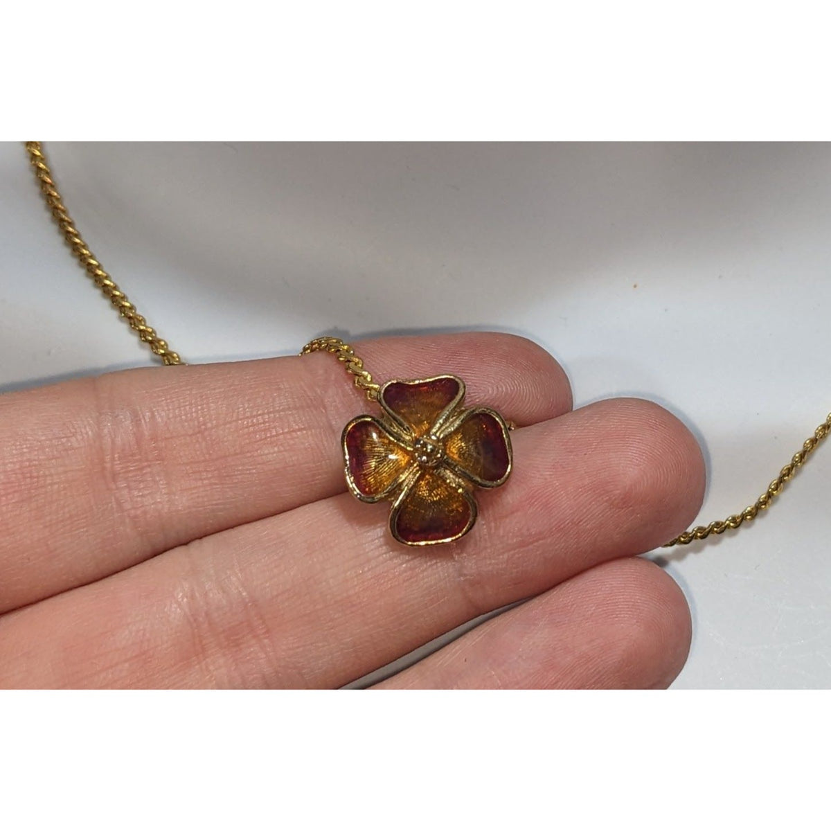 Vintage Romantic Enamel Amber Gold Tone Flower Necklace 16 Inch