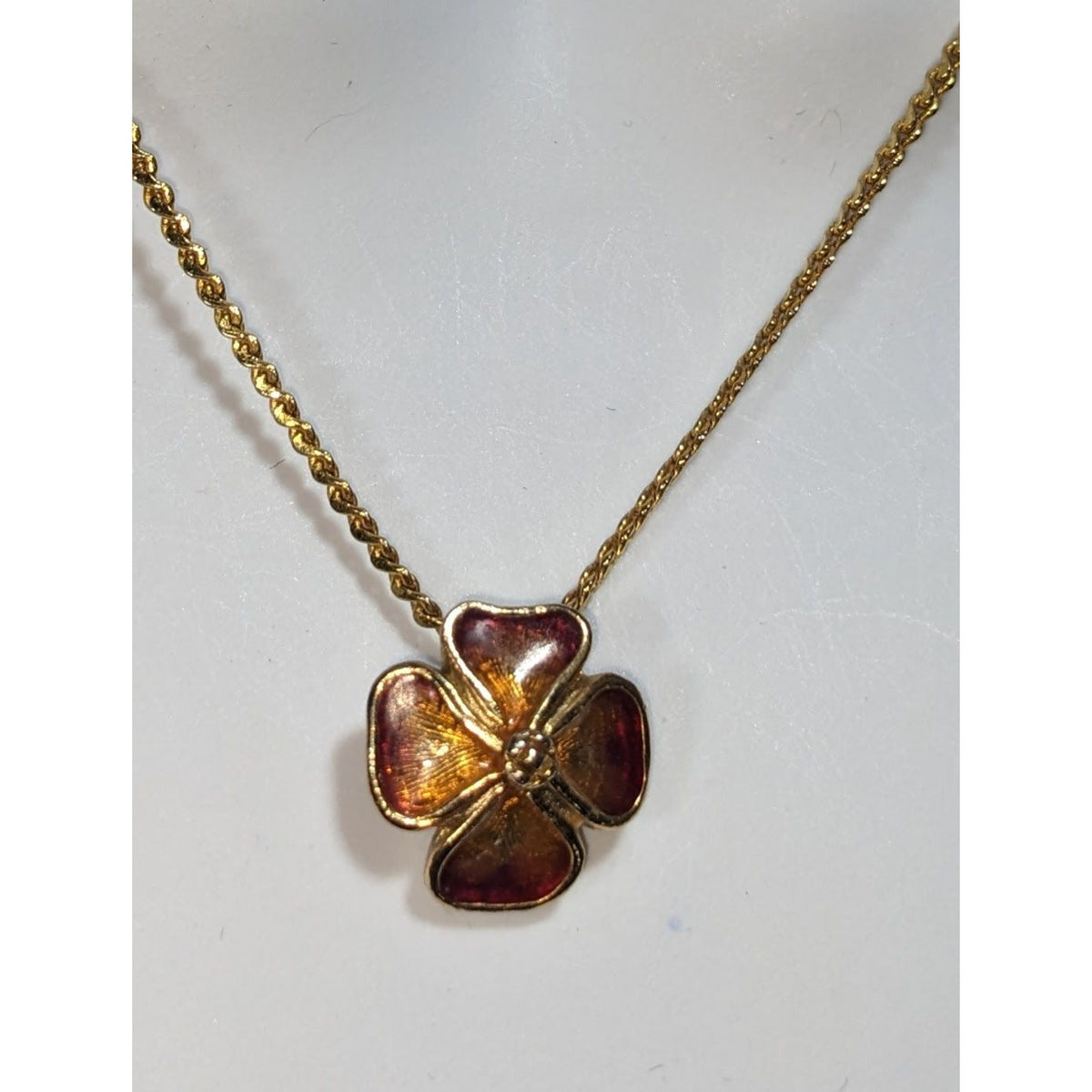 Vintage Romantic Enamel Amber Gold Tone Flower Necklace 16 Inch