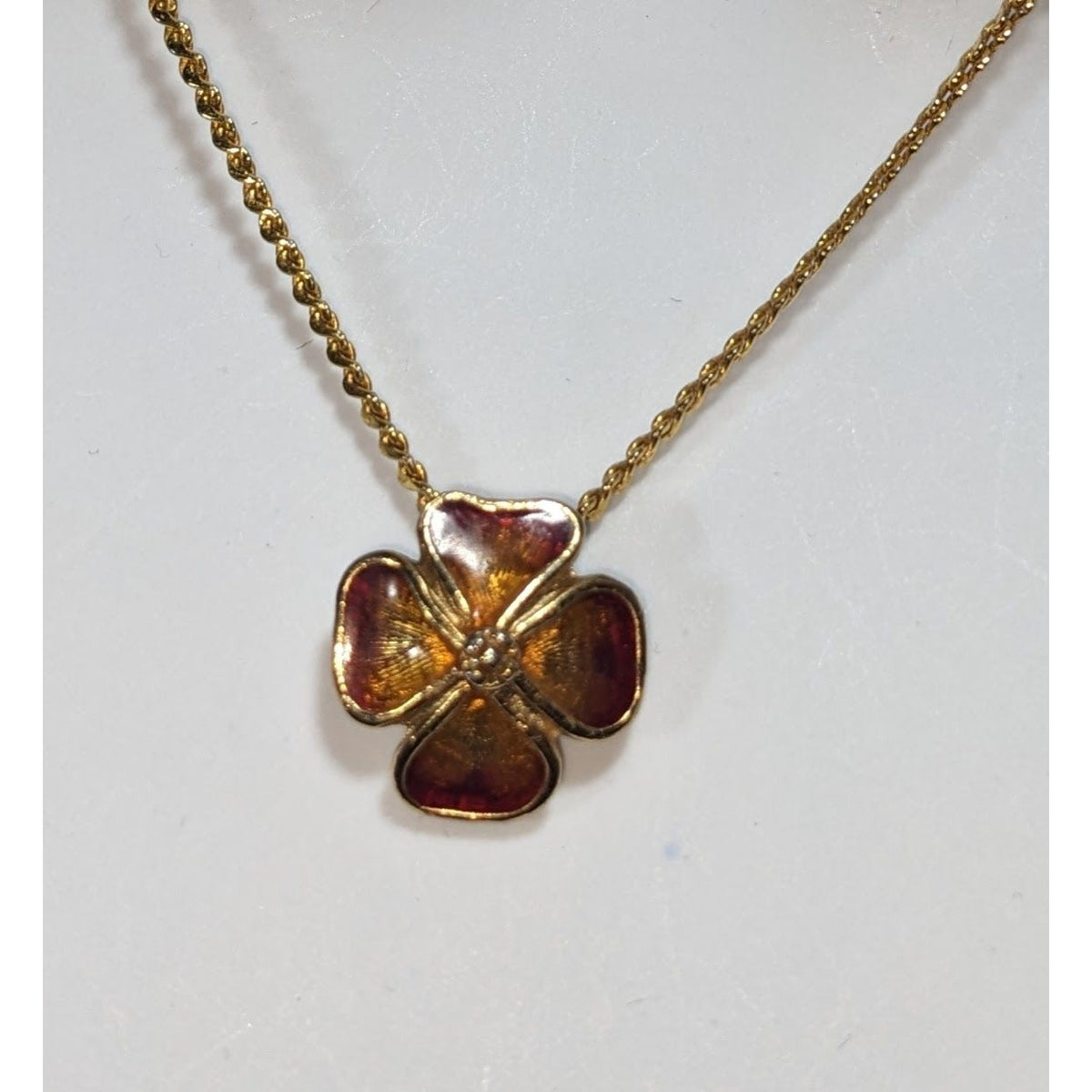 Vintage Romantic Enamel Amber Gold Tone Flower Necklace 16 Inch