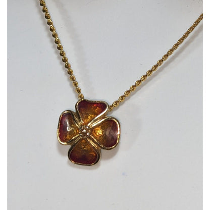 Vintage Romantic Enamel Amber Gold Tone Flower Necklace 16 Inch