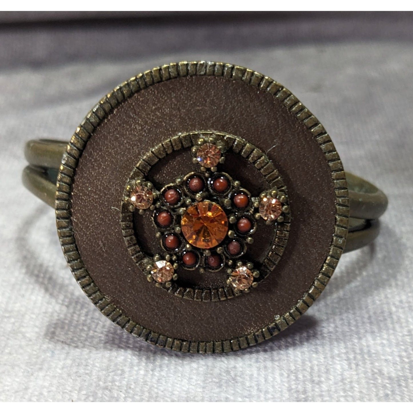 Antiqued Steampunk Floral Rhinestone Medallion Cuff Bracelet