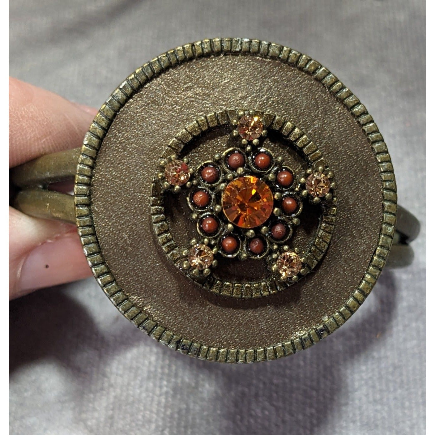 Antiqued Steampunk Floral Rhinestone Medallion Cuff Bracelet
