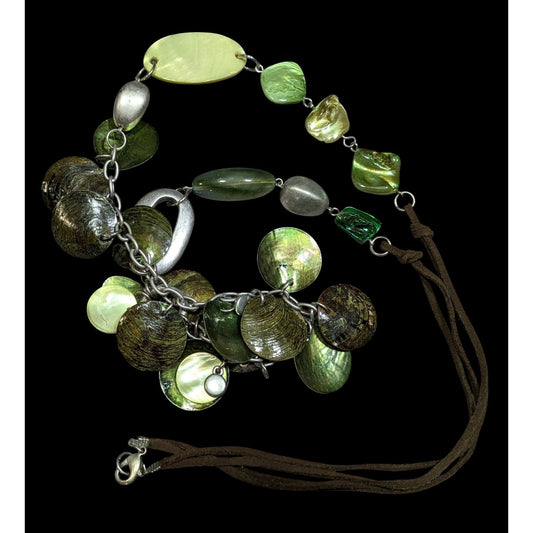 Bohemian Green Shell And Metal Beaded Necklace On Brown Suede Cord
