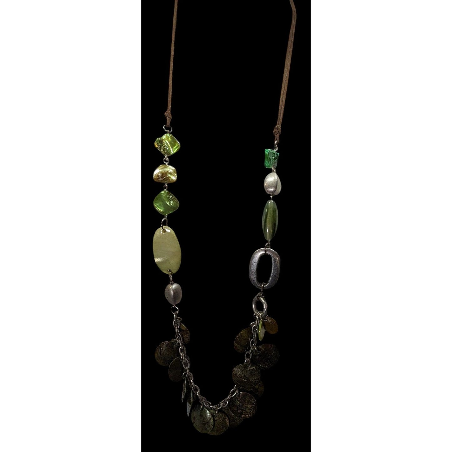 Bohemian Green Shell And Metal Beaded Necklace On Brown Suede Cord
