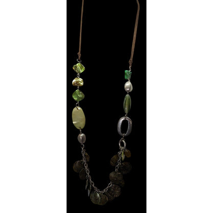 Bohemian Green Shell And Metal Beaded Necklace On Brown Suede Cord
