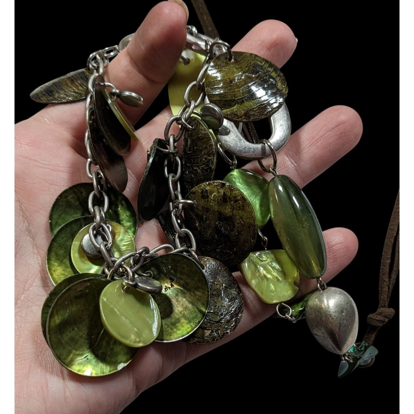 Bohemian Green Shell And Metal Beaded Necklace On Brown Suede Cord