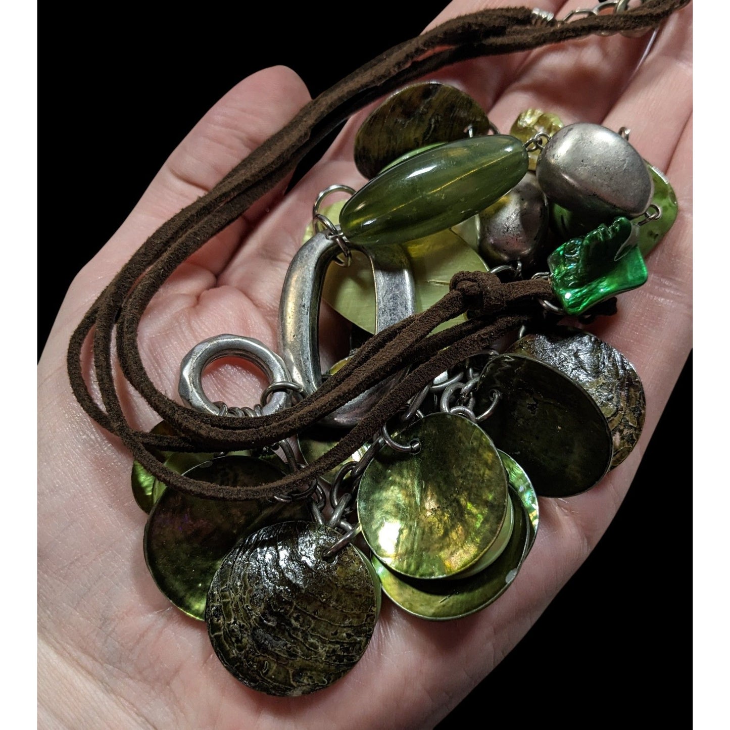 Bohemian Green Shell And Metal Beaded Necklace On Brown Suede Cord