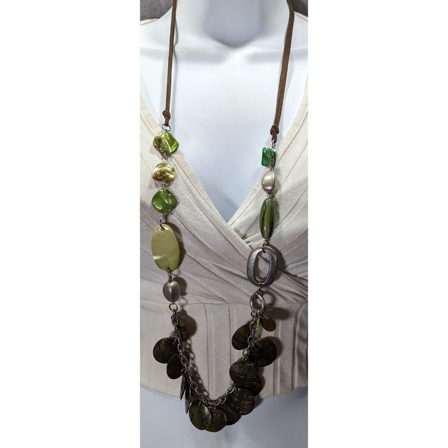 Bohemian Green Shell And Metal Beaded Necklace On Brown Suede Cord