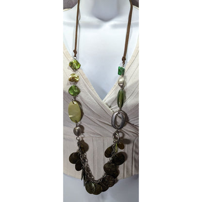 Bohemian Green Shell And Metal Beaded Necklace On Brown Suede Cord