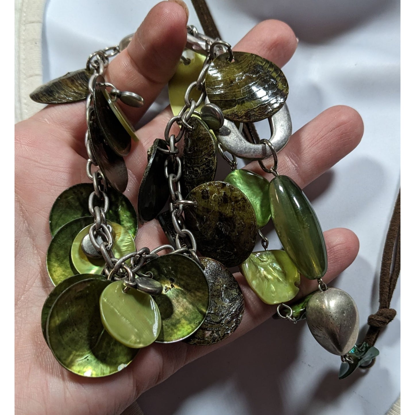Bohemian Green Shell And Metal Beaded Necklace On Brown Suede Cord