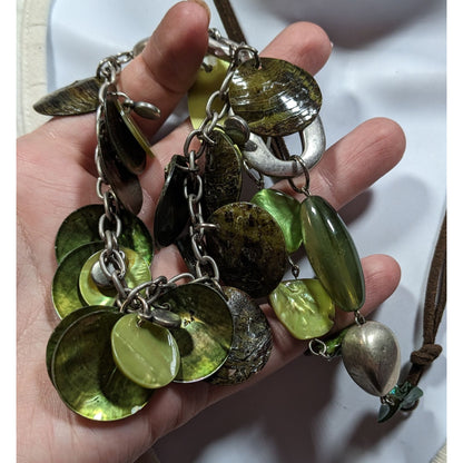 Bohemian Green Shell And Metal Beaded Necklace On Brown Suede Cord