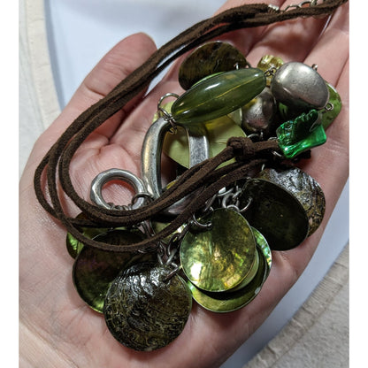 Bohemian Green Shell And Metal Beaded Necklace On Brown Suede Cord
